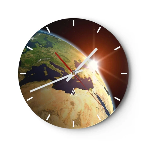 Wanduhr - Glasuhr - Blick auf die Erde aus dem Weltraum mit Sonnenstrahlen am Horizont - 30x30cm - Sonnenaufgang - Moderne Wanddekoration für Wohnzimmer, Küche und Schlafzimmer ARTTOR