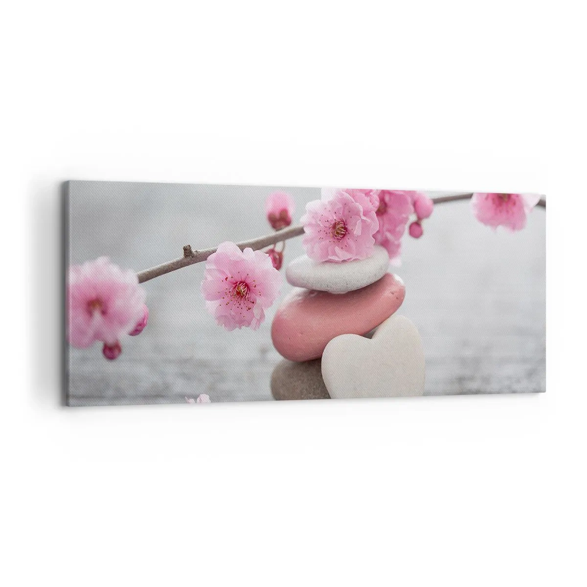 Bild auf Leinwand - Leinwandbild - Zarte Kirschblüten mit herzförmigen Steinen - 120x50cm - Glückseligkeit mit einer Kirschblüte - Moderne Wanddekoration für Wohnzimmer und Schlafzimmer ARTTOR
