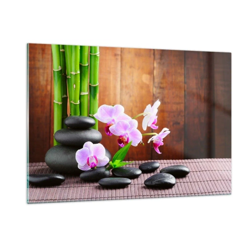 Glasbild - Bild auf glas - Rosa Orchideen, Bambus und schwarze Steine vor einer Holzwand - 120x80cm - Treffen Sie die Freuden des Ostens - Moderne Wanddekoration für Wohnzimmer und Schlafzimmer ARTTOR