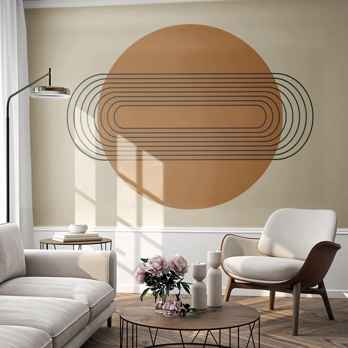 Fototapete Premium Sand - Geometrische Abstraktion mit orangefarbenem Kreis und Linien - 100x70cm - Perfekter Plan - Moderne Wanddekoration für Wohnzimmer und Schlafzimmer ARTTOR