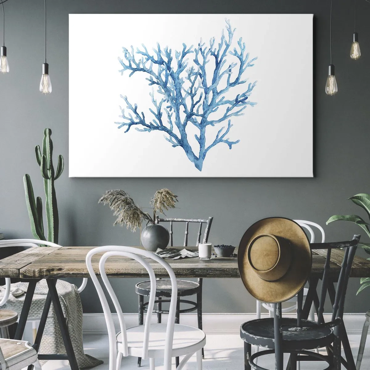 Bild auf Leinwand - Leinwandbild - Blaue Koralle auf weißem Hintergrund mit minimalistischem Flair - 70x50cm - Nautisches Filigran - Moderne Wanddekoration für Wohnzimmer und Schlafzimmer ARTTOR