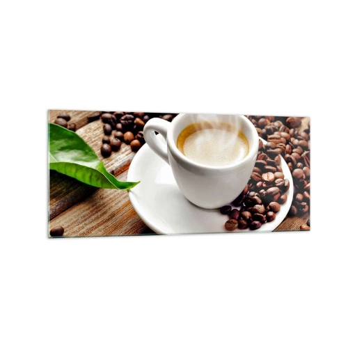 Glasbild - Bild auf glas - Eine Tasse aromatischen Kaffee vor dem Hintergrund von Bohnen und einem Blatt - 120x50cm - Kaffee auf der Bank - Moderne Wanddekoration für Wohnzimmer und Schlafzimmer ARTTOR