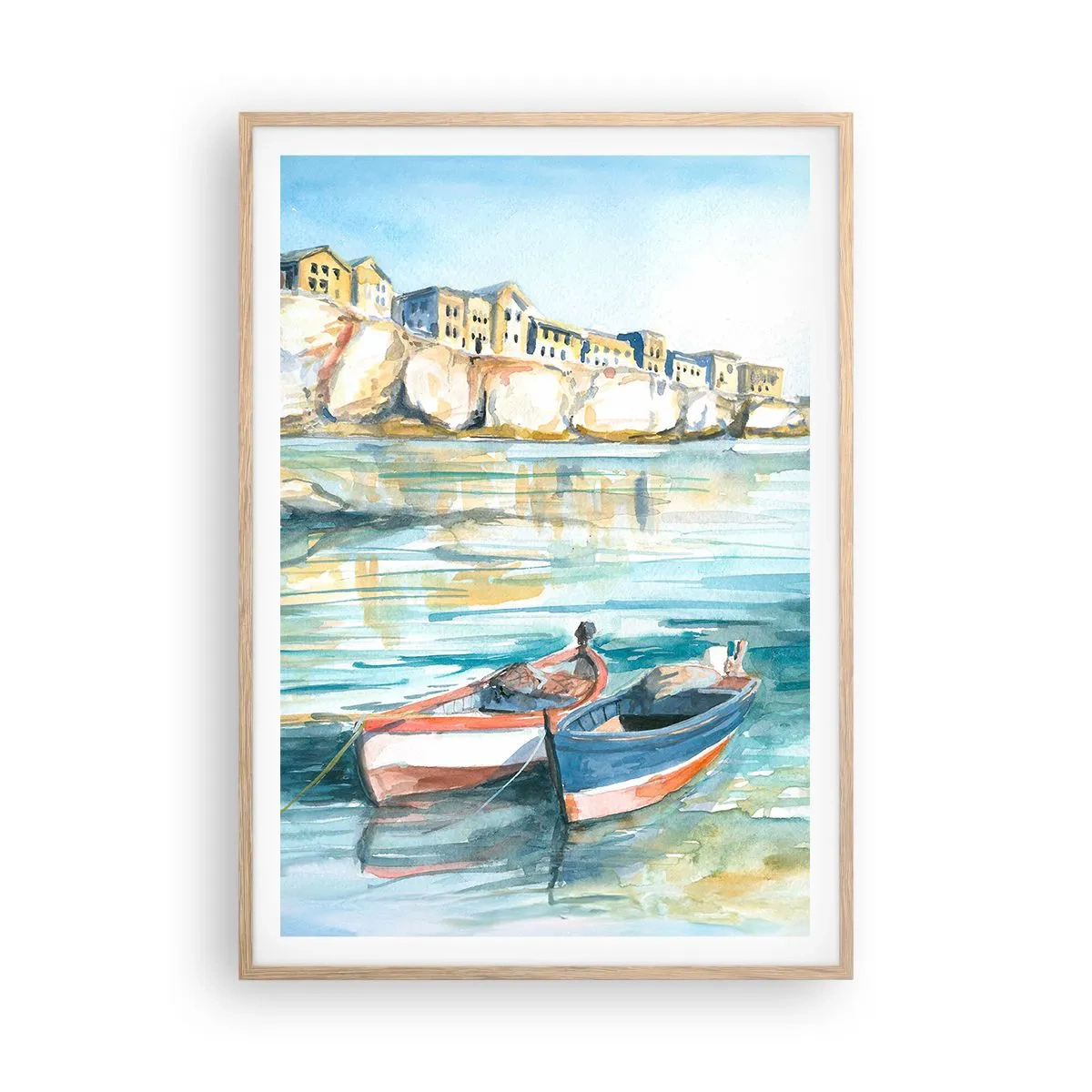 Poster in einem Rahmen aus heller Eiche - Landschaft in Azurblau - 70x100 cm