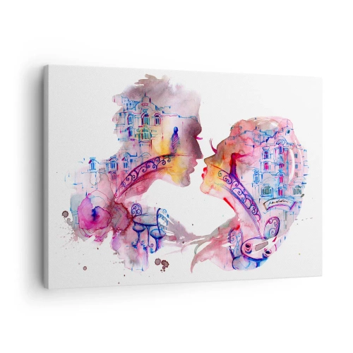 Bild auf Leinwand - Leinwandbild - Ein romantisches Aquarell, das die Silhouetten von Liebenden darstellt - 70x50cm - Die geheime Seufzerbrücke - Moderne Wanddekoration für Wohnzimmer und Schlafzimmer ARTTOR