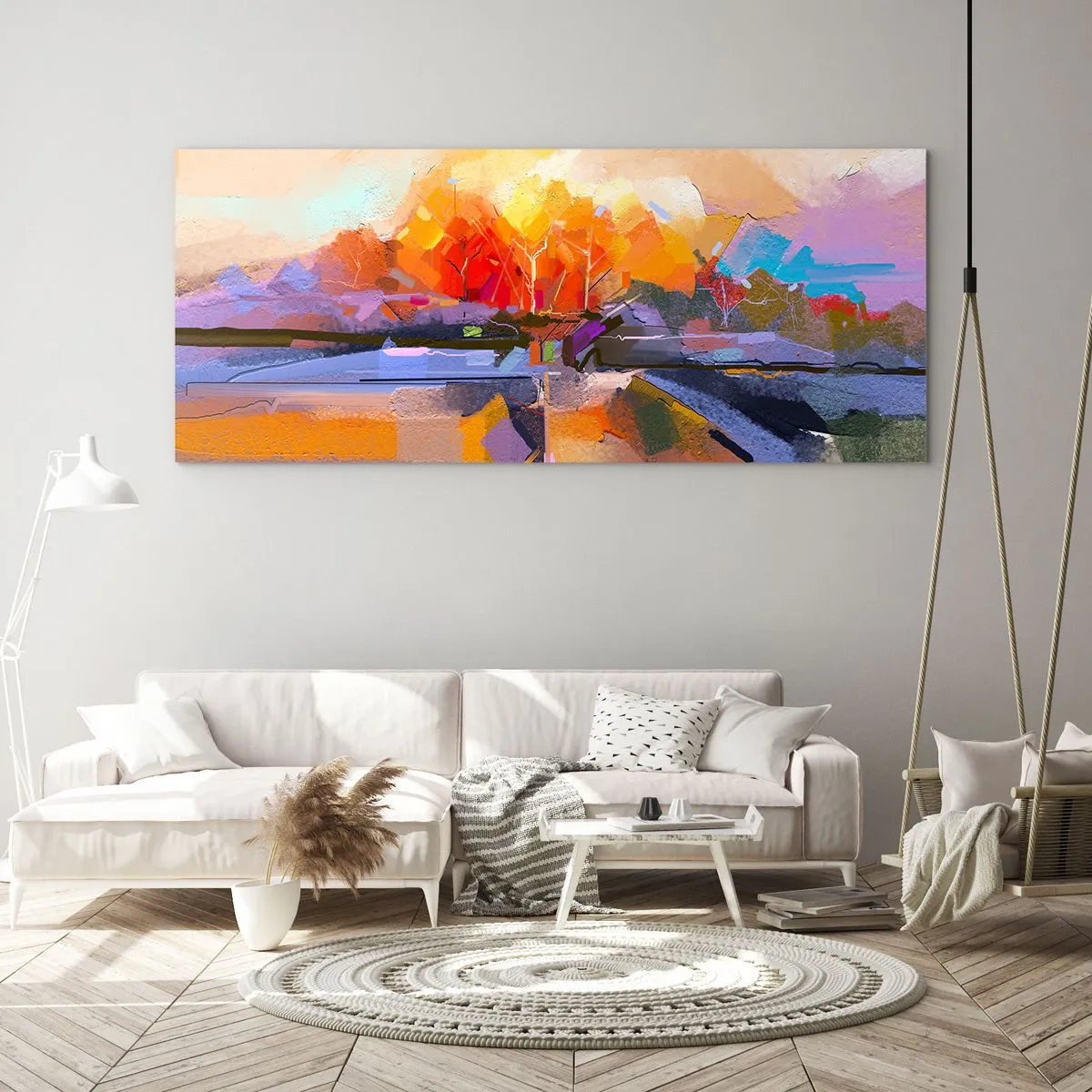 Glasbild - Bild auf glas - Eine abstrakte Landschaft mit intensiven Herbstfarben. - 140x50cm - Der Herbst ist geworden - Moderne Wanddekoration für Wohnzimmer und Schlafzimmer ARTTOR