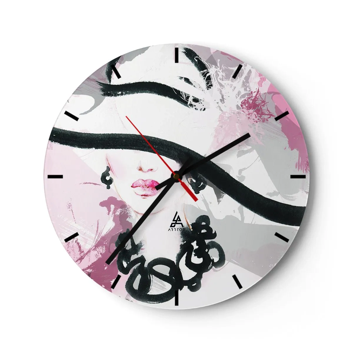 Wanduhr - Glasuhr - Ein elegantes Frauenporträt im schwarz-pinken Stil - 30x30cm - Bildnis einer Dame in Schwarz und Pink - Moderne Wanddekoration für Wohnzimmer, Küche und Schlafzimmer ARTTOR