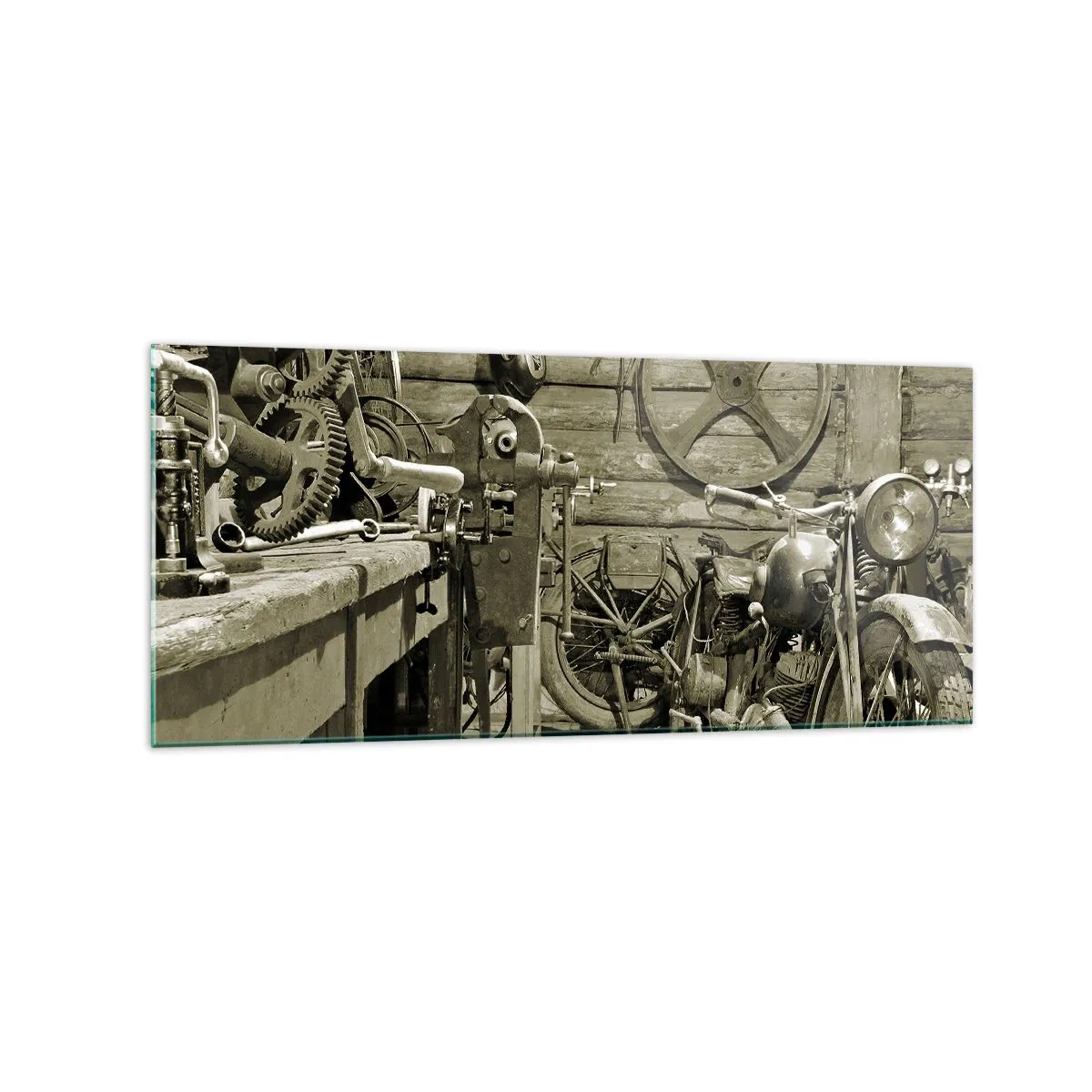 Glasbild - Bild auf glas - Retro-Werkstatt mit Motorrädern und Werkzeug - 120x50cm - Im Schuppen von Onkel Władek - Moderne Wanddekoration für Wohnzimmer und Schlafzimmer ARTTOR