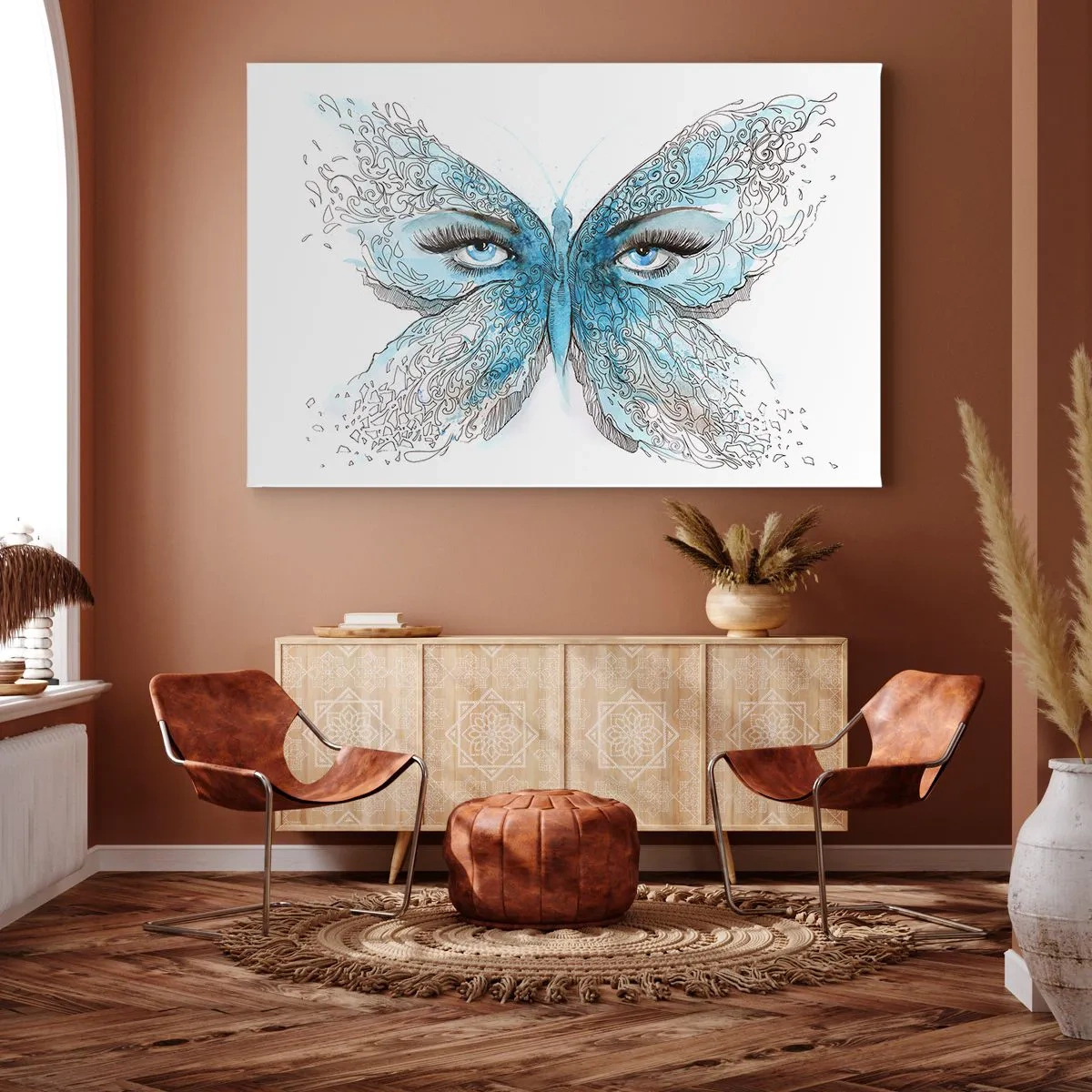 Bild auf Leinwand - Leinwandbild - Künstlerisches Aquarell eines Schmetterlings mit blauen Augen - 120x80cm - Eros Blaumeise - Moderne Wanddekoration für Wohnzimmer und Schlafzimmer ARTTOR