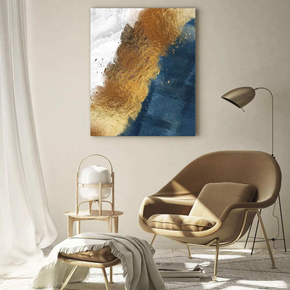 Glasbild - Bild auf glas - Eine abstrakte Komposition in Gold-, Blau- und Weißtönen. - 70x100cm - Farben des Sommers - Moderne Wanddekoration für Wohnzimmer und Schlafzimmer ARTTOR