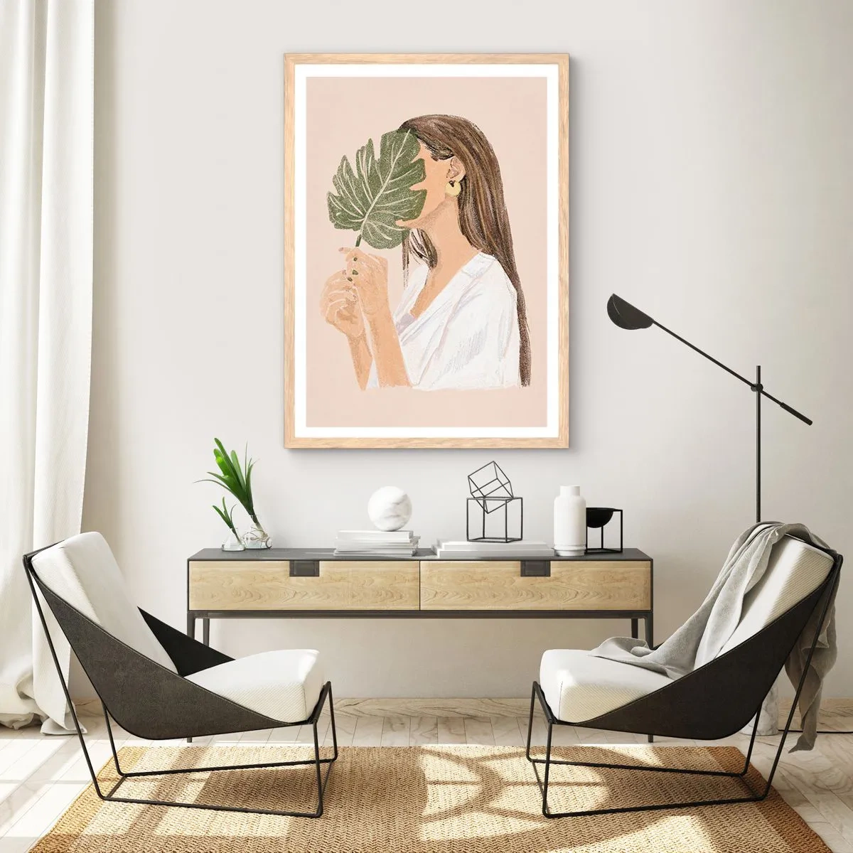 Poster in einem Rahmen aus heller Eiche - Geheimnisvolles Porträt mit Fächer - 30x40 cm