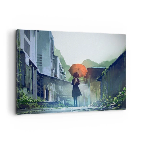Bild auf Leinwand - Leinwandbild - Eine Figur mit einem Regenschirm in einer verregneten Stadt - 100x70cm - Belebender Regen - Moderne Wanddekoration für Wohnzimmer und Schlafzimmer ARTTOR