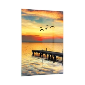 Glasbild - Bild auf glas - Segelboot und Pier bei Sonnenuntergang auf einem ruhigen See - 50x70cm - Abendrückkehr - Moderne Wanddekoration für Wohnzimmer und Schlafzimmer ARTTOR