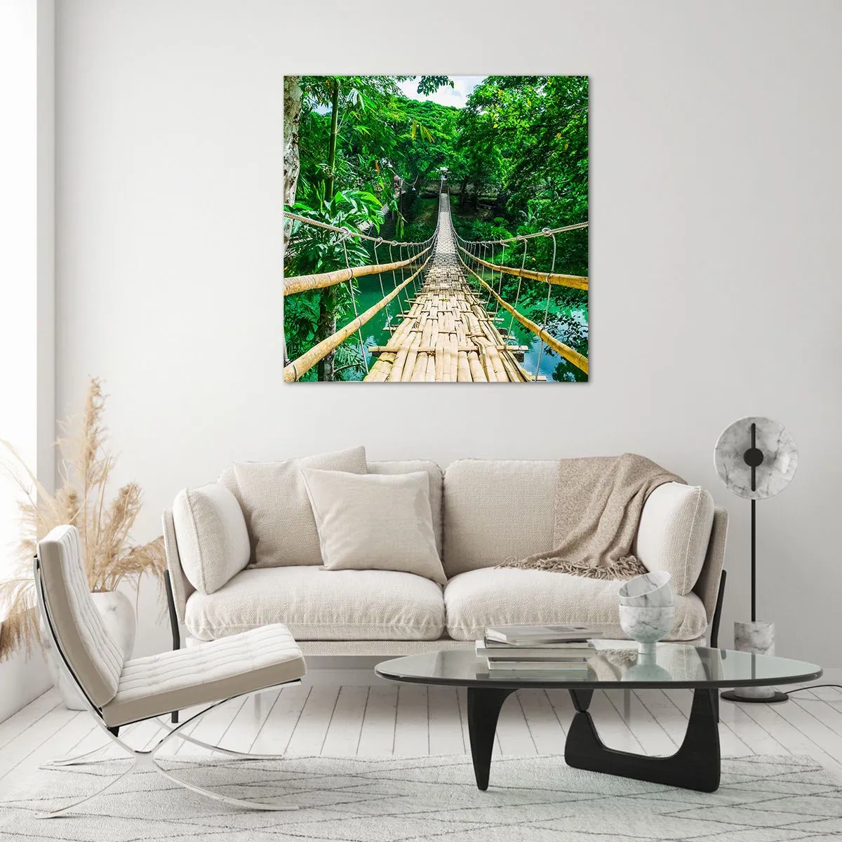 Glasbild - Bild auf glas - Monkey Bridge über das Grün - 50x50 cm