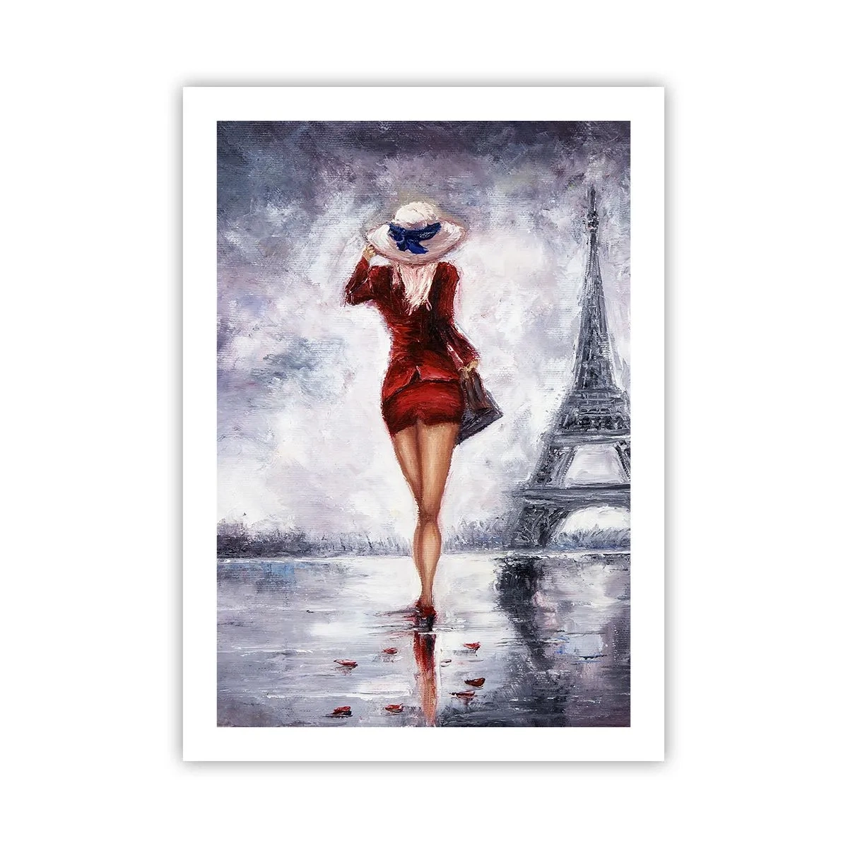 Poster - Eine Frau in einem roten Kleid geht in Richtung Eiffelturm - 50x70cm - Pariser Symbole - Moderne Wanddekoration für Wohnzimmer und Schlafzimmer ARTTOR