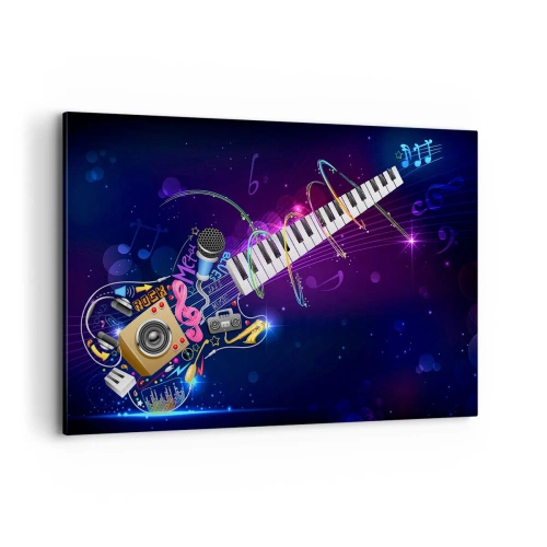 Bild auf Leinwand - Leinwandbild - Eine bunte Gitarre mit Keyboard und Mikrofon auf dunklem Hintergrund. - 120x80cm - Und alles ist gut - Moderne Wanddekoration für Wohnzimmer und Schlafzimmer ARTTOR