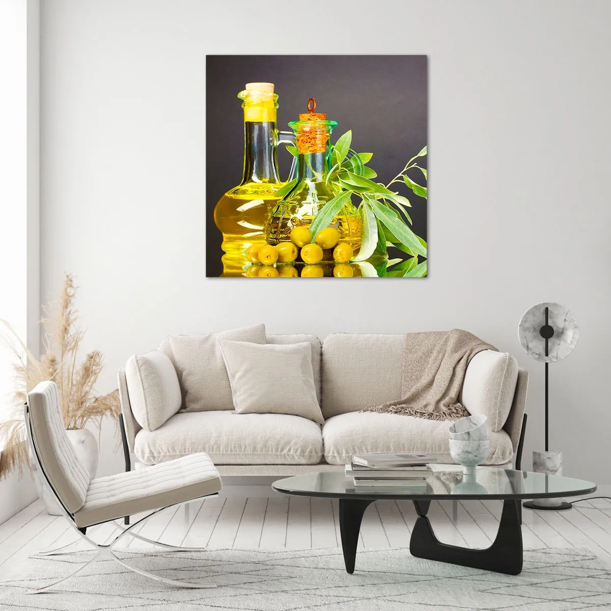 Glasbild - Bild auf glas - Stillleben mit Oliven und Olivenöl - 30x30 cm