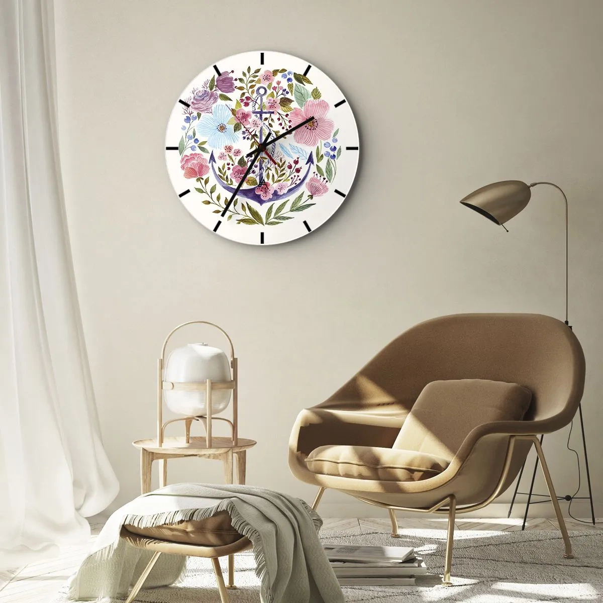 Wanduhr - Glasuhr - Ein lila Anker, umgeben von bunten Blumen - 30x30cm - Guter Traum eines Seemanns - Moderne Wanddekoration für Wohnzimmer, Küche und Schlafzimmer ARTTOR