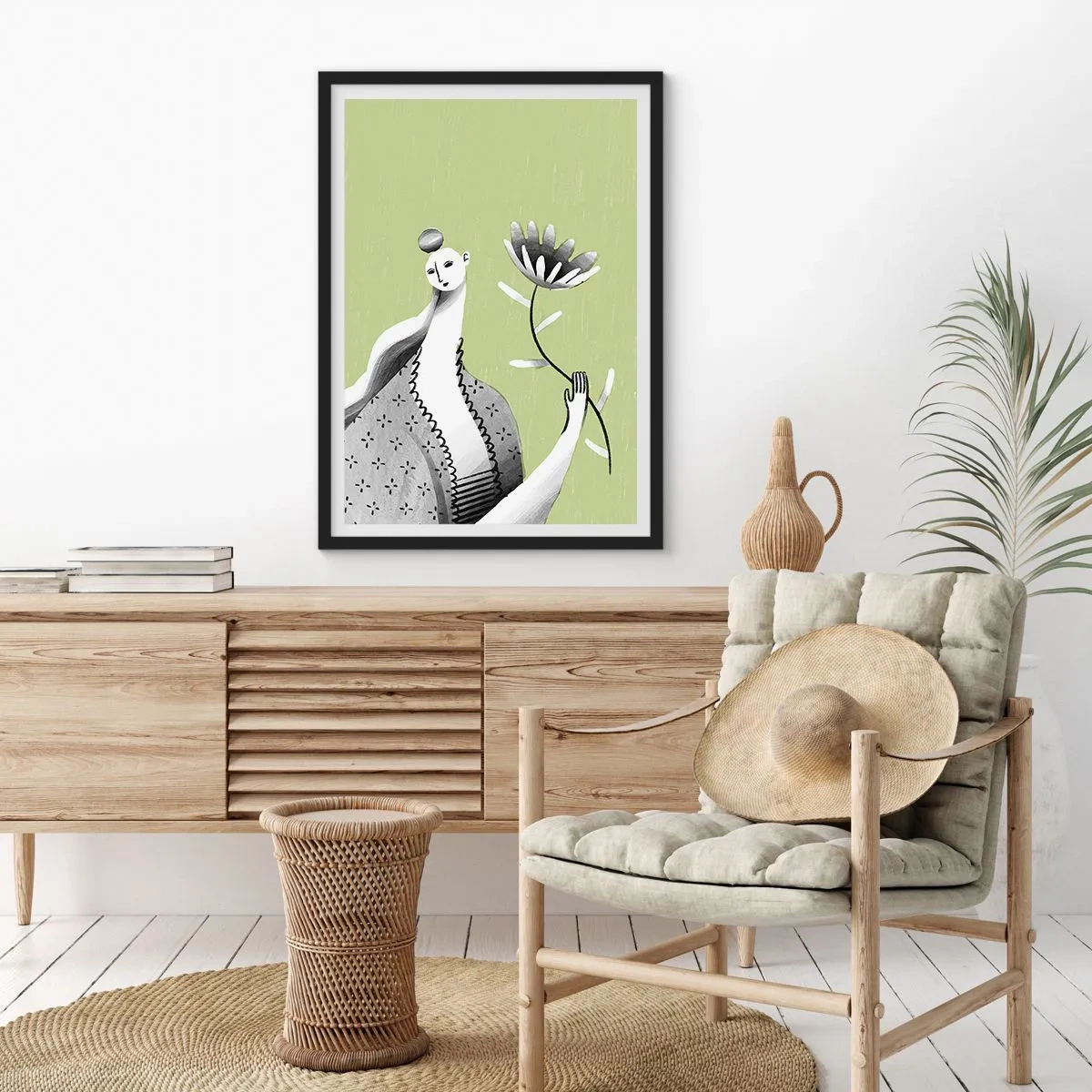 Poster in einem schwarzem Rahmen - Minimalistische Frau hält eine Blume auf grünem Hintergrund - 50x70cm - Modernistisches Porträt – eine Blume haltend - Moderne Wanddekoration für Wohnzimmer und Schlafzimmer ARTTOR