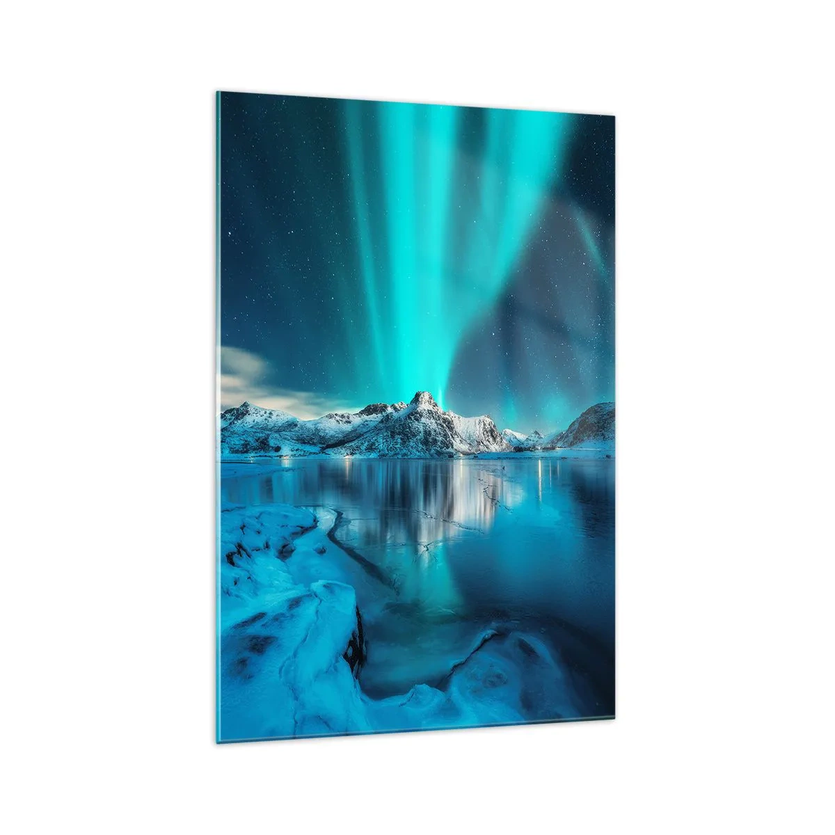 Glasbild - Bild auf glas - Aurora Borealis über schneebedeckten Bergen und einem See - 70x100cm - Lichtnacht - Moderne Wanddekoration für Wohnzimmer und Schlafzimmer ARTTOR