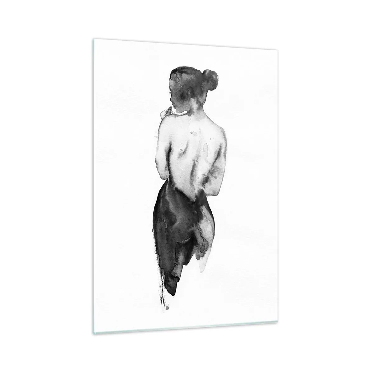 Glasbild - Bild auf glas - Schwarz-weiße Silhouette einer Frau im Aquarellstil - 50x70cm - Bei ihr verschwindet die Welt - Moderne Wanddekoration für Wohnzimmer und Schlafzimmer ARTTOR