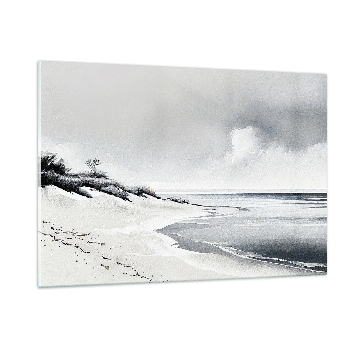Glasbild - Bild auf glas - Schwarz-weißer Strand mit Horizont und ruhigem Meer - 120x80cm - Für immer zusammen - Moderne Wanddekoration für Wohnzimmer und Schlafzimmer ARTTOR
