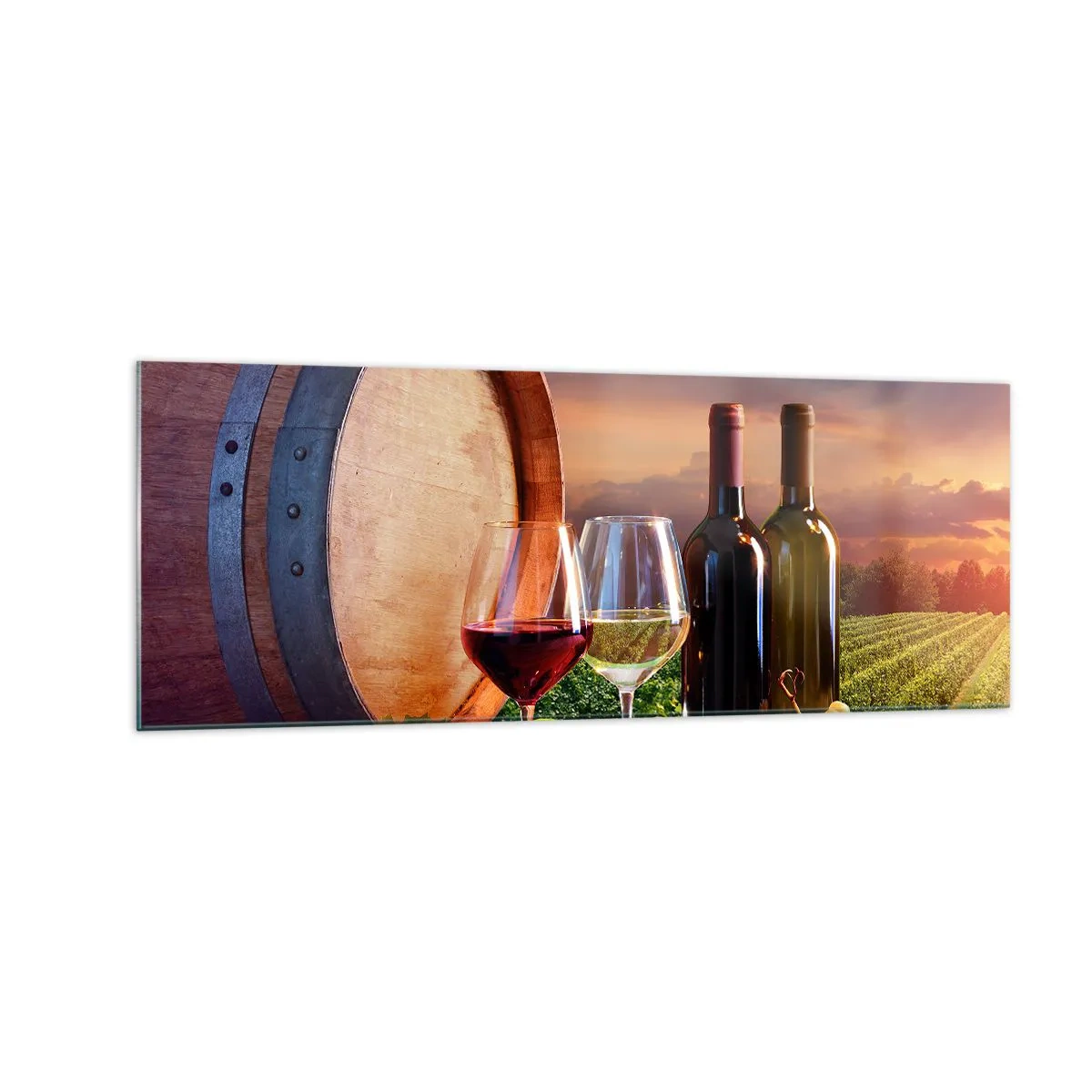 Glasbild - Bild auf glas - Wein, Gläser und ein Fass in einer malerischen Landschaft - 140x50cm - Hier schmeckt das Leben - Moderne Wanddekoration für Wohnzimmer und Schlafzimmer ARTTOR