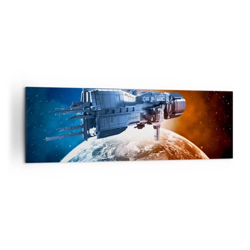 Bild auf Leinwand - Leinwandbild - Ein Raumschiff vor dem Hintergrund eines Planeten im Weltraum - 160x50cm - Ein aufmerksamer Beobachter - Moderne Wanddekoration für Wohnzimmer und Schlafzimmer ARTTOR