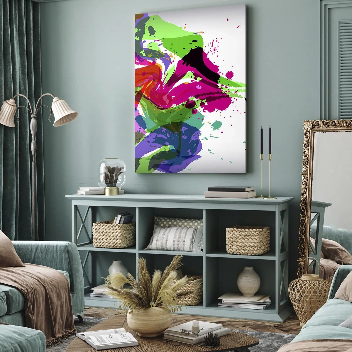 Bild auf Leinwand - Leinwandbild - Farbenfrohes abstraktes Porträt mit dynamischen Formen - 50x70cm - Eine Geschichte in den Farben des Regenbogens - Moderne Wanddekoration für Wohnzimmer und Schlafzimmer ARTTOR