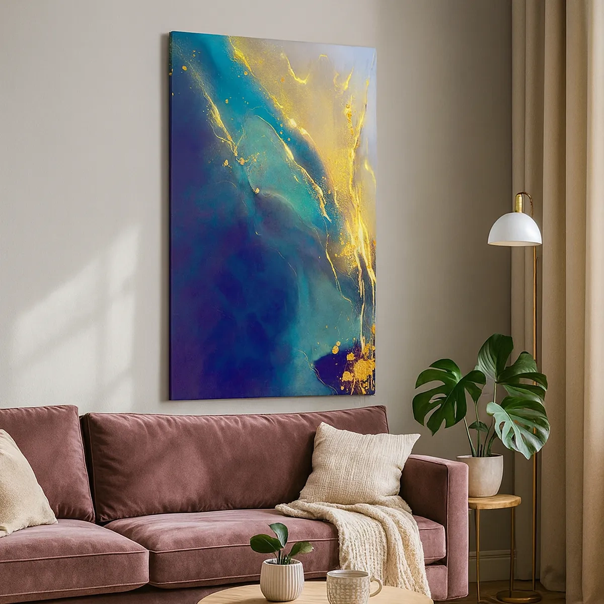 Bild auf Leinwand - Leinwandbild - Abstrakte Komposition in Blau- und Goldtönen auf Leinwand - 50x70cm - Der goldene Teich - Moderne Wanddekoration für Wohnzimmer und Schlafzimmer ARTTOR