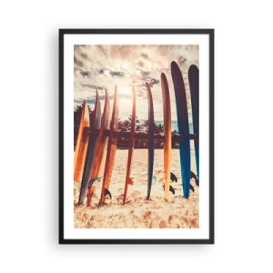 Poster in einem schwarzem Rahmen - Bunte Surfbretter vor der Kulisse eines Strandes und Palmen - 50x70cm - Gute Nacht bis morgen - Moderne Wanddekoration für Wohnzimmer und Schlafzimmer ARTTOR