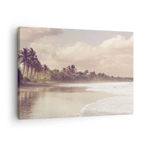 Bild auf Leinwand - Leinwandbild - Ein Strand mit Palmen und sanften Wellen am Morgen - 70x50cm - Die Liebkosung der Wellen - Moderne Wanddekoration für Wohnzimmer und Schlafzimmer ARTTOR