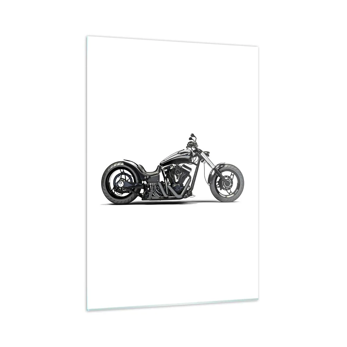 Glasbild - Bild auf glas - Schwarzes Custom-Motorrad auf weißem Hintergrund - 50x70cm - Für alle, die die Freiheit lieben - Moderne Wanddekoration für Wohnzimmer und Schlafzimmer ARTTOR