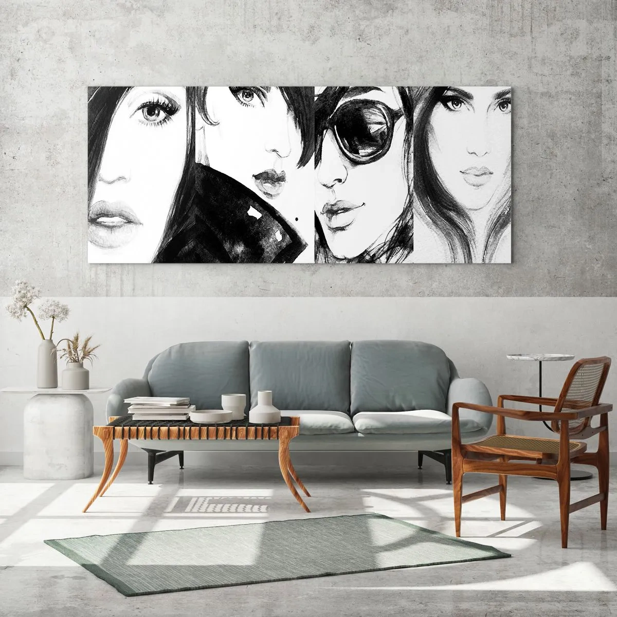 Glasbild - Bild auf glas - Stilvolle Frauenporträts in monochromen Tönen - 120x50cm - Schönheit multipliziert - Moderne Wanddekoration für Wohnzimmer und Schlafzimmer ARTTOR