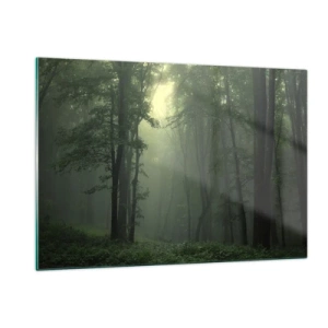 Glasbild - Bild auf glas - Ein dunkler Wald, in Nebel gehüllt, mit Lichtstrahlen - 120x80cm - Bevor er aufwacht - Moderne Wanddekoration für Wohnzimmer und Schlafzimmer ARTTOR