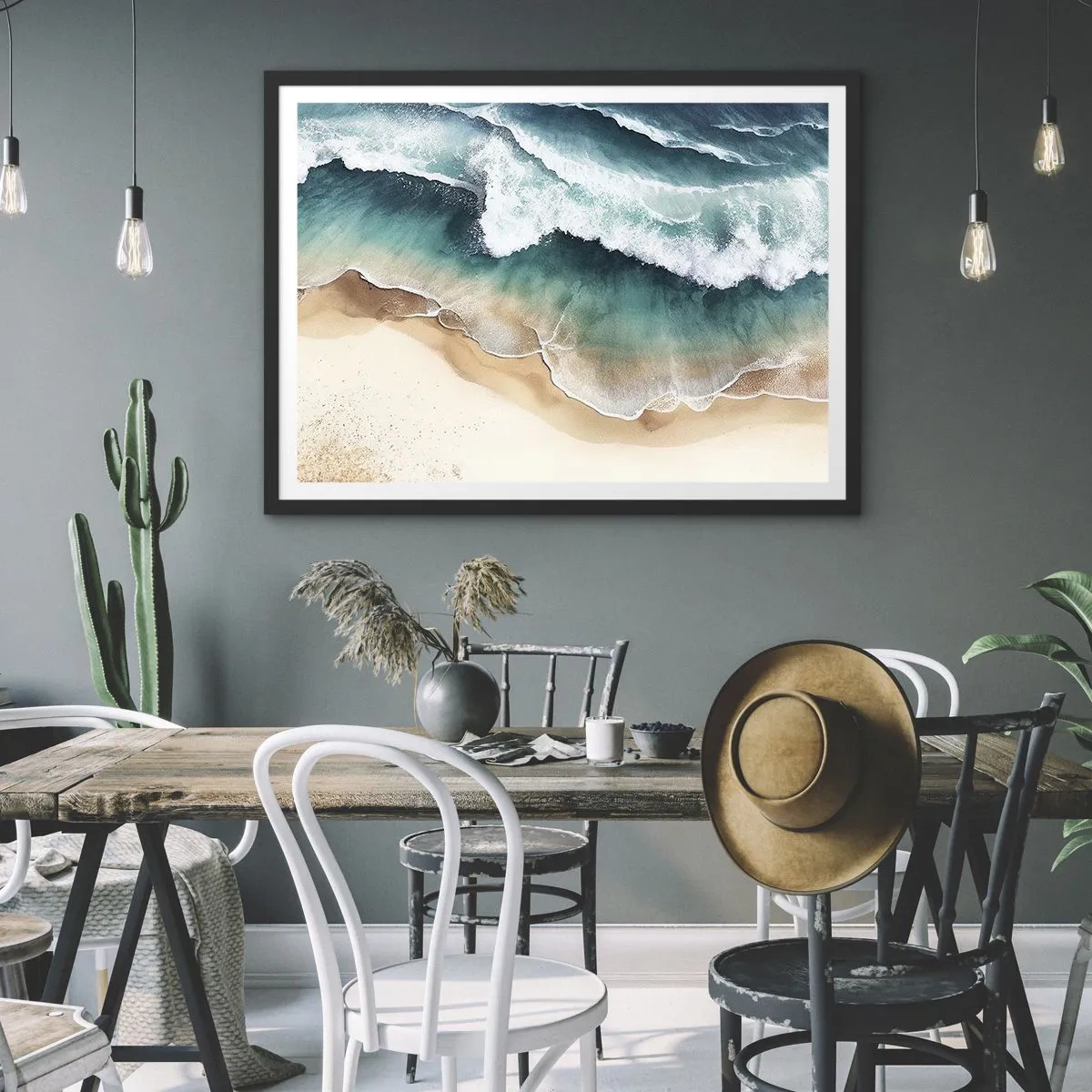 Poster in einem schwarzem Rahmen - Blick auf den Strand und die Meereswellen in Türkistönen - 70x50cm - Das ewige Treffen - Moderne Wanddekoration für Wohnzimmer und Schlafzimmer ARTTOR