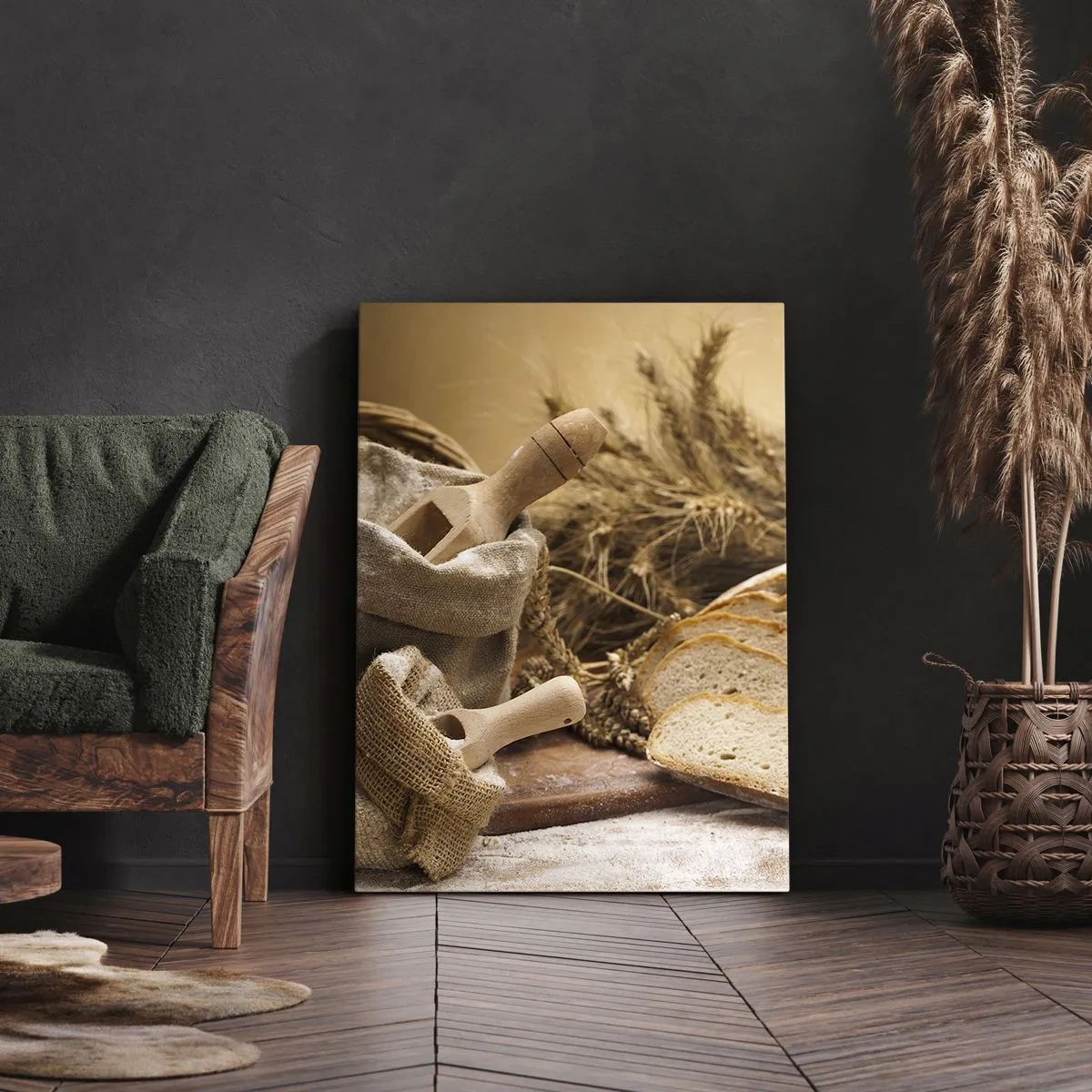 Bild auf Leinwand - Leinwandbild - Eine Landschaft mit Brot, Mehl und Ähren im rustikalen Stil. - 50x70cm - Wie mit einem Messer geschnitten - Moderne Wanddekoration für Wohnzimmer und Schlafzimmer ARTTOR