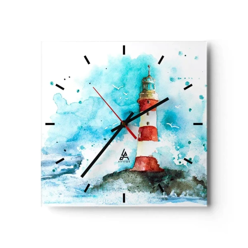 Wanduhr - Glasuhr - Ein Leuchtturm in einer Aquarellumgebung mit blauem Hintergrund - 30x30cm - Einheit der Elemente - Moderne Wanddekoration für Wohnzimmer und Schlafzimmer ARTTOR