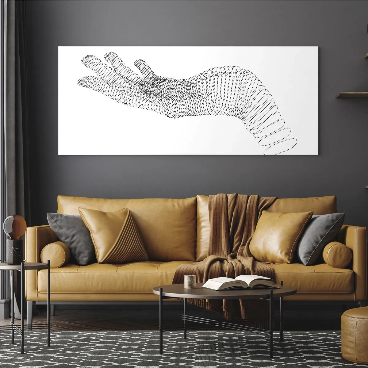 Glasbild - Bild auf glas - Eine minimalistische Illustration einer Hand aus schwarzen Punkten auf weißem Hintergrund. - 120x50cm - Federnde Hand - Moderne Wanddekoration für Wohnzimmer und Schlafzimmer ARTTOR