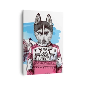 Bild auf Leinwand - Leinwandbild - Ein Wolf im Winterpullover vor einer Berglandschaft - 70x100cm - Ein Wolf in Schafwolle - Moderne Wanddekoration für Wohnzimmer und Schlafzimmer ARTTOR