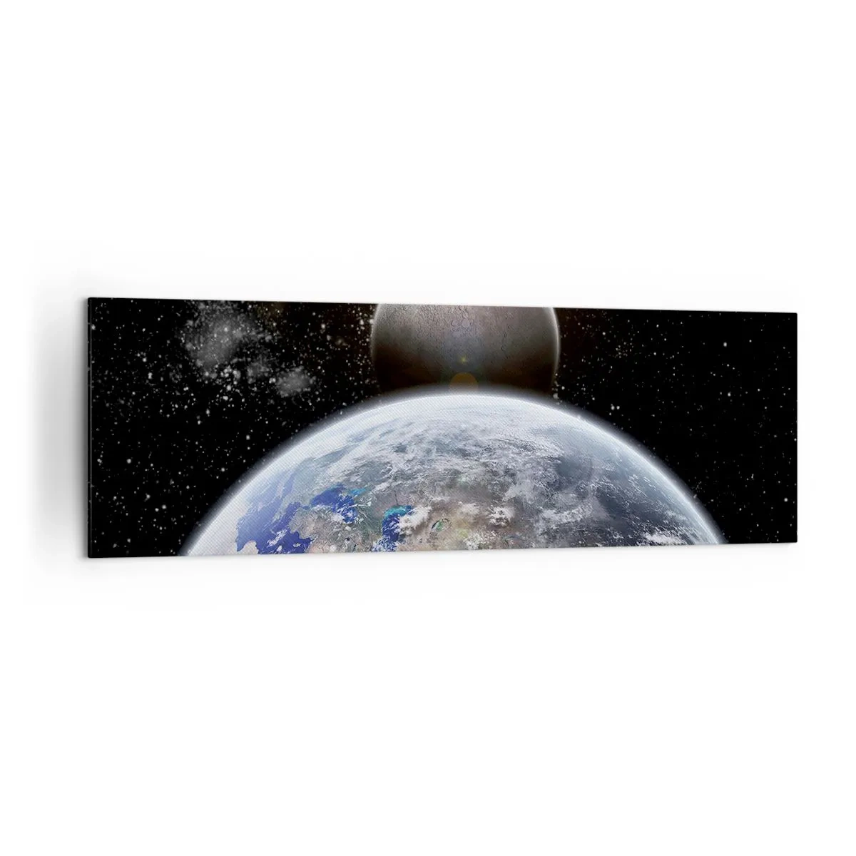 Bild auf Leinwand - Leinwandbild - Planet Erde und Mond vor dem Hintergrund des sternenklaren Weltraums. - 160x50cm - Weltraumlandschaft - Sonnenaufgang - Moderne Wanddekoration für Wohnzimmer und Schlafzimmer ARTTOR