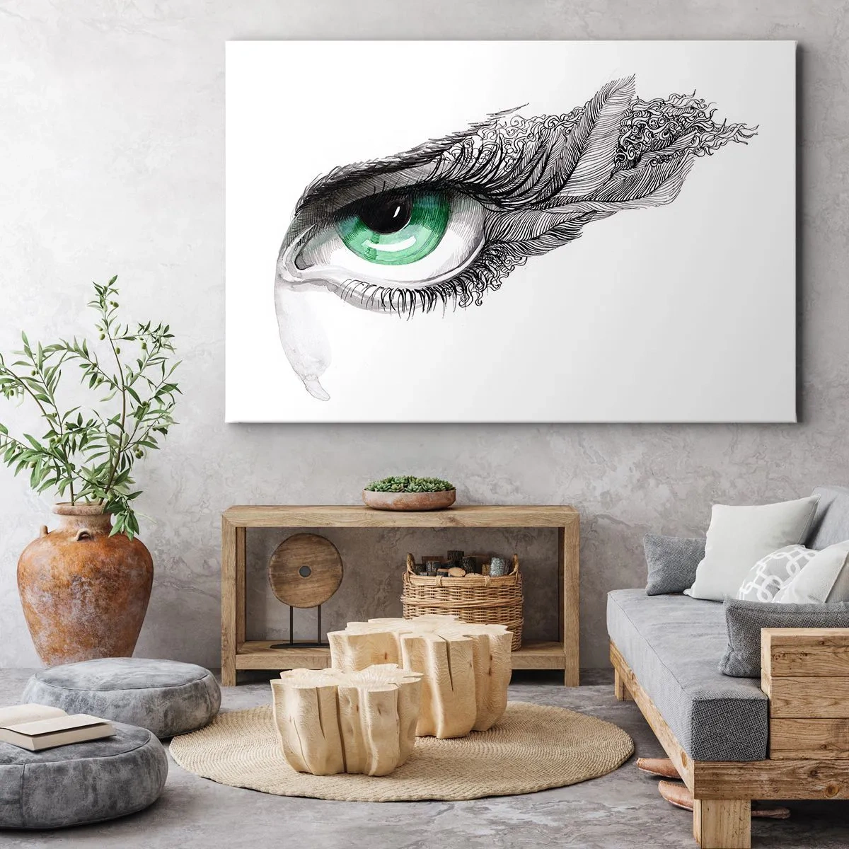 Bild auf Leinwand - Leinwandbild - Künstlerisches Auge mit grüner Iris und Zeichnungsdetails - 70x50cm - Schön und bereit zum Angriff - Moderne Wanddekoration für Wohnzimmer und Schlafzimmer ARTTOR