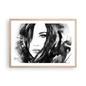 Poster in einem Rahmen aus heller Eiche - Porträt einer Dame in Schwarzweiß - 70x50 cm