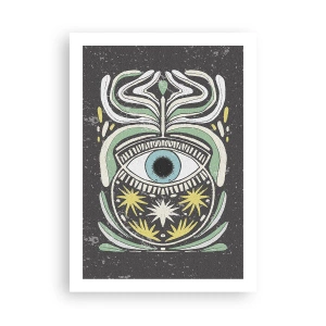 Poster - Ein symbolisches Auge, umgeben von Pflanzenmustern auf dunklem Hintergrund. - 50x70cm - Stammesrituale - Moderne Wanddekoration für Wohnzimmer und Schlafzimmer ARTTOR