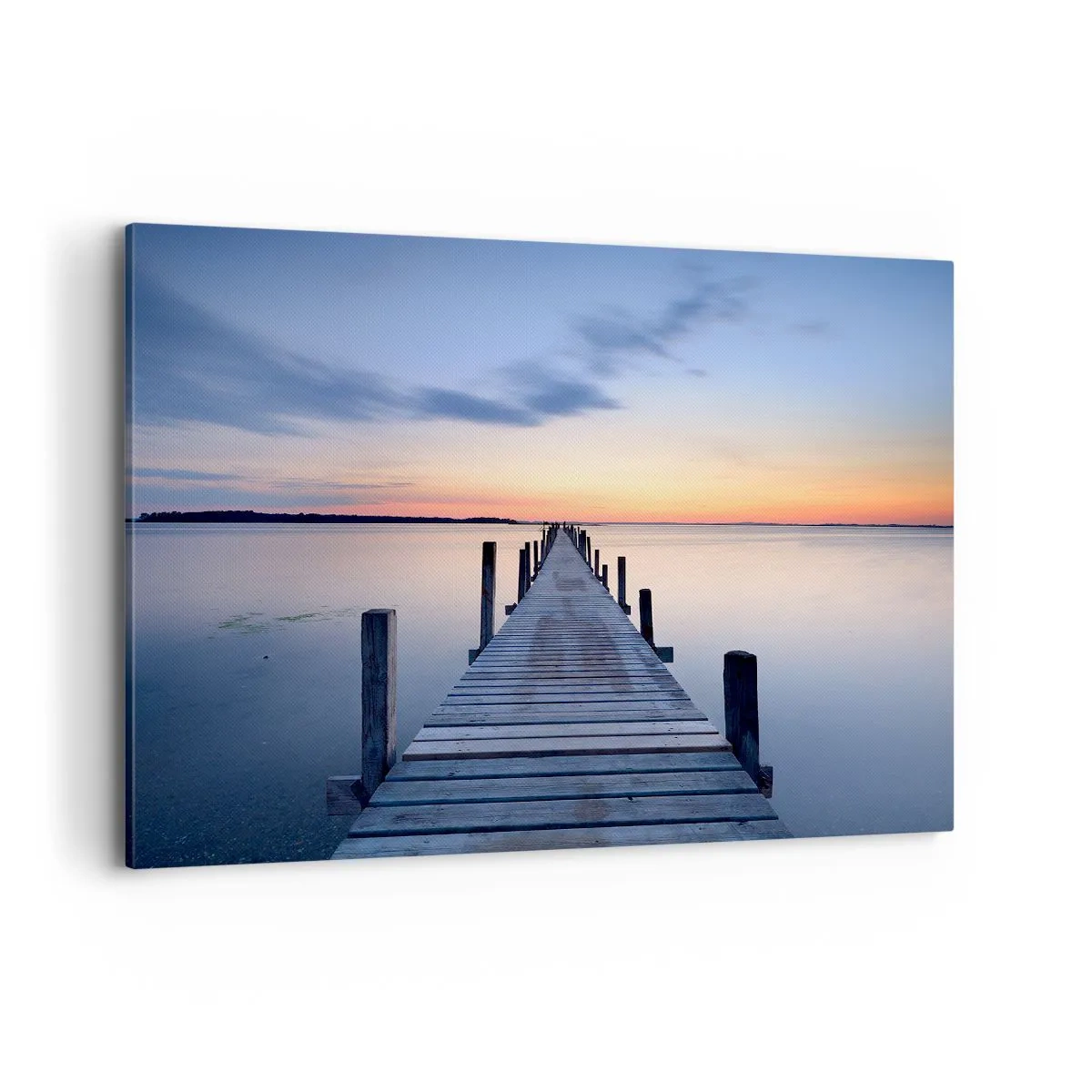 Bild auf Leinwand - Leinwandbild - Holzsteg am See bei Sonnenuntergang - 120x80cm - Die Ruhe einer heiteren Dämmerung - Moderne Wanddekoration für Wohnzimmer und Schlafzimmer ARTTOR
