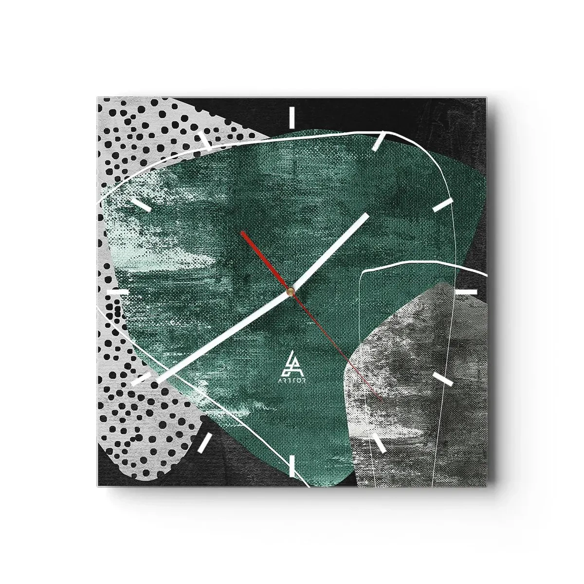 Wanduhr - Glasuhr - Abstrakte Komposition mit grünen Formen und Punktmustern - 30x30cm - Bunte Abstraktion mit Blattgold - Moderne Wanddekoration für Wohnzimmer und Schlafzimmer ARTTOR