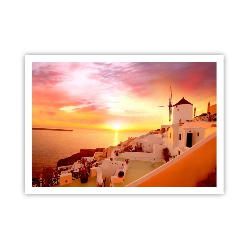 Poster - Santorini bei Sonnenuntergang mit einer Windmühle - 100x70cm - In Weiß und Gold schmelzen - Moderne Wanddekoration für Wohnzimmer und Schlafzimmer ARTTOR