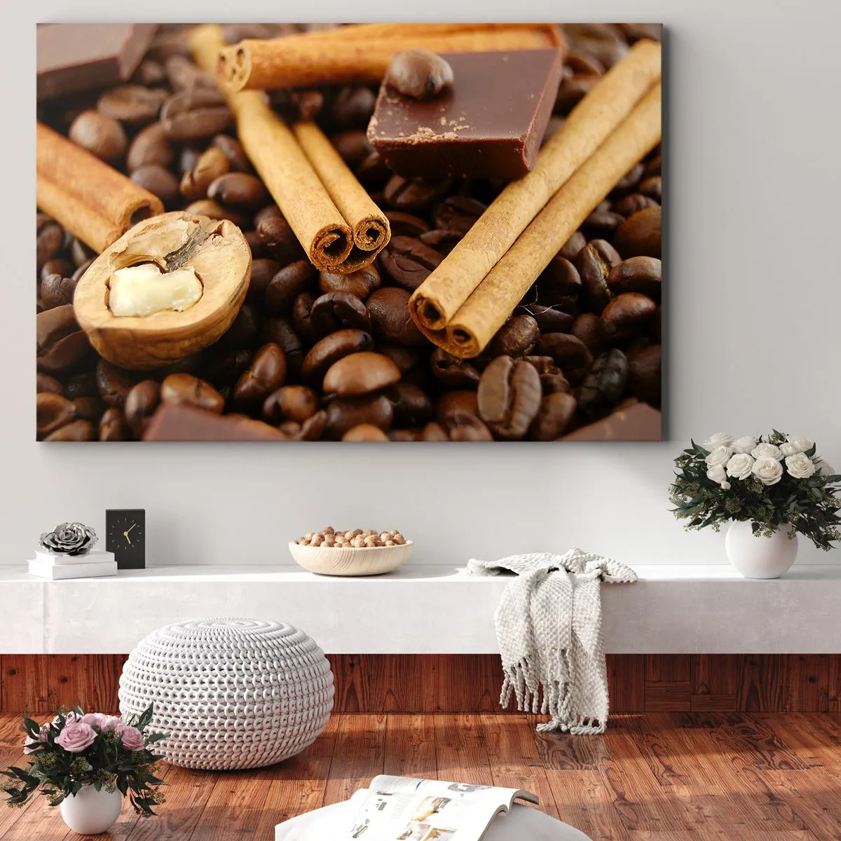 Bild auf Leinwand - Leinwandbild - Kaffeebohnen mit Zimtstangen, Schokolade und Walnuss. - 70x50cm - Konzert der Aromen - Moderne Wanddekoration für Wohnzimmer und Schlafzimmer ARTTOR