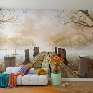 Selbstklebende Fototapete Deluxe Sticker - Die milde Traurigkeit des Herbstes - Landschaft, See, Holzbrücke - 200x140 cm