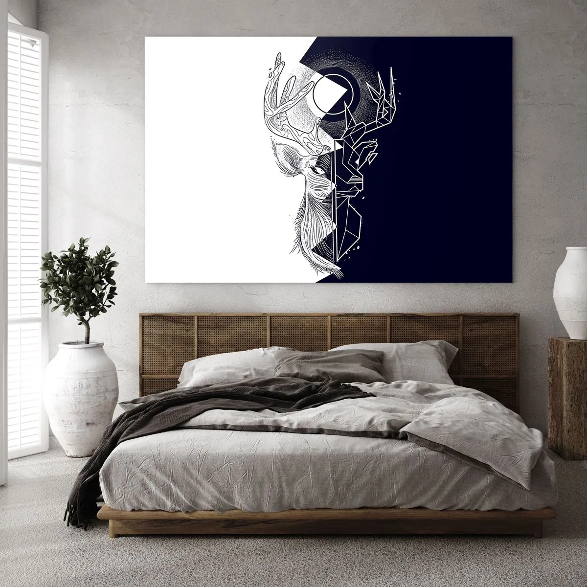 Glasbild - Bild auf glas - Geometrische Zeichnung eines Hirsches auf schwarz-weißem Hintergrund - 70x50cm - Der Kampf und die Einheit der Gegensätze - Moderne Wanddekoration für Wohnzimmer und Schlafzimmer ARTTOR