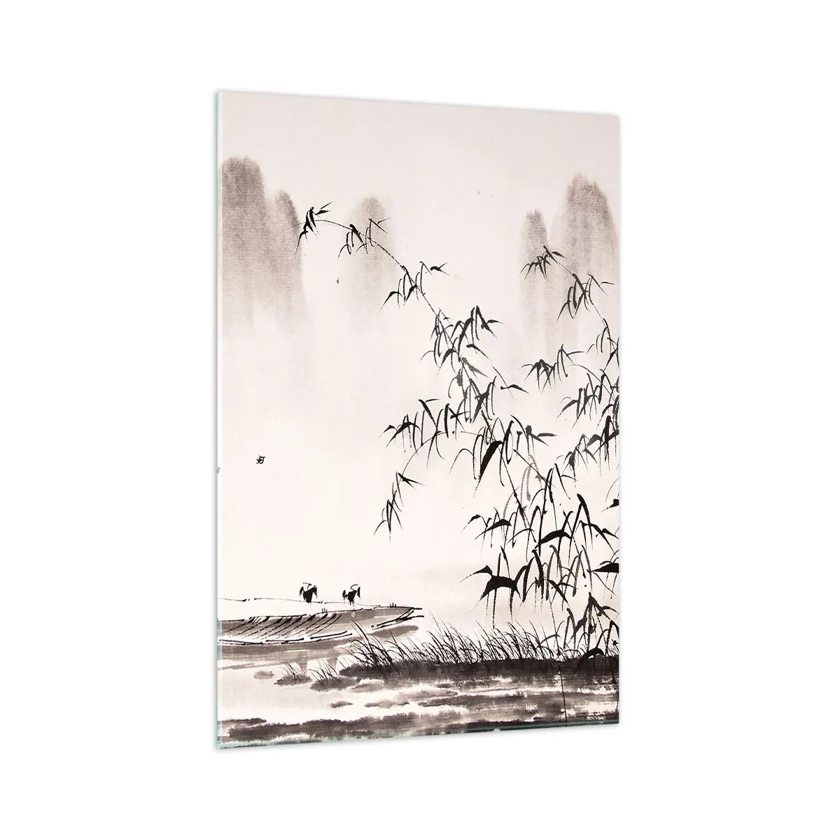 Glasbild - Bild auf glas - Eine minimalistische Landschaft im orientalischen Stil - 70x100cm - Die Stille der Reisfelder - Moderne Wanddekoration für Wohnzimmer und Schlafzimmer ARTTOR